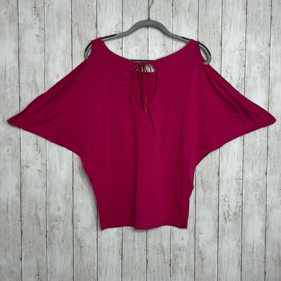 Short Sleeve Pink Dolman Sleeve Cold Shoulder Tie Back Key Hole Scoop Neck Small - Picture 3 of 11